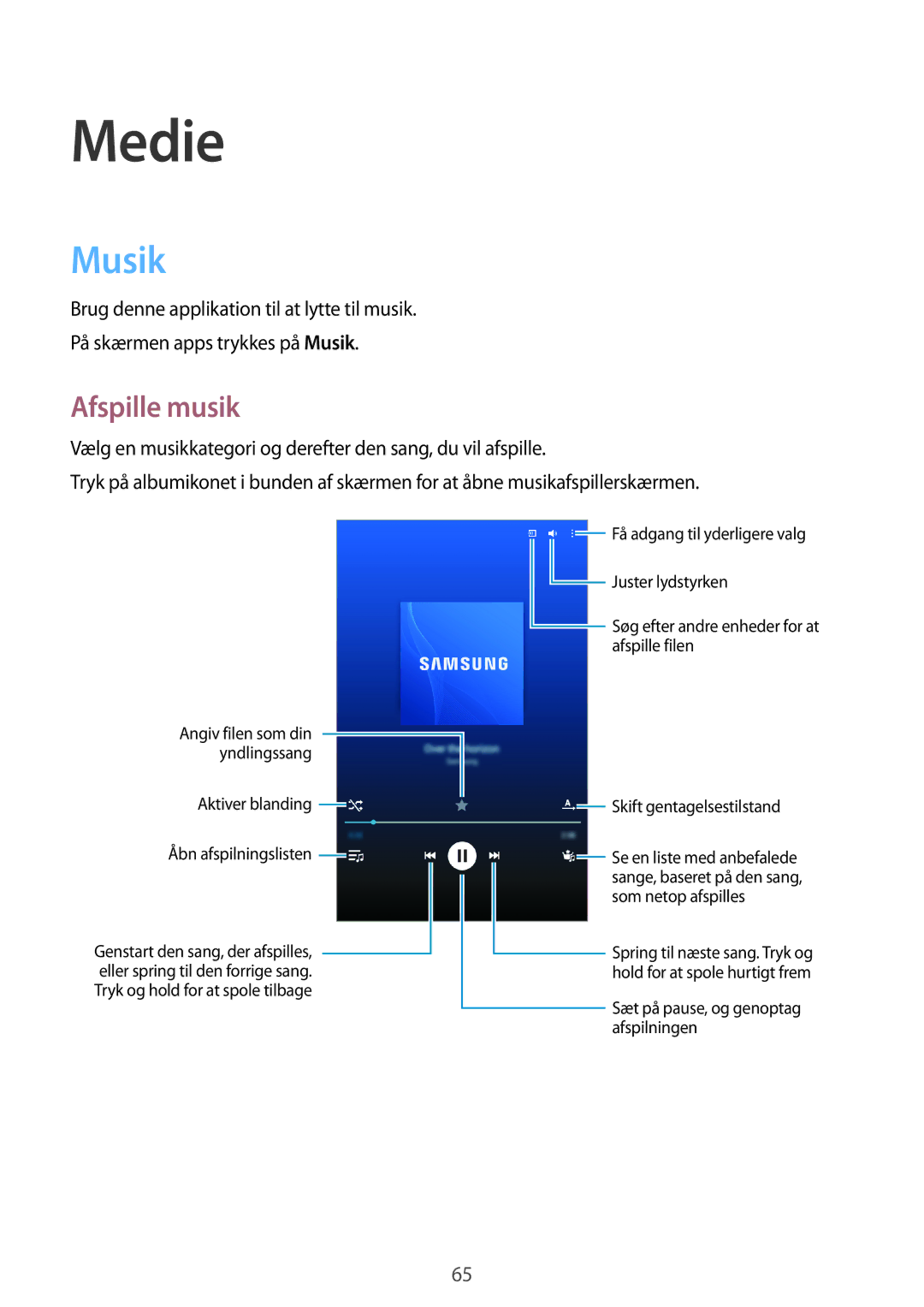 Samsung SM-T365NNGANEE manual Medie, Musik, Afspille musik 