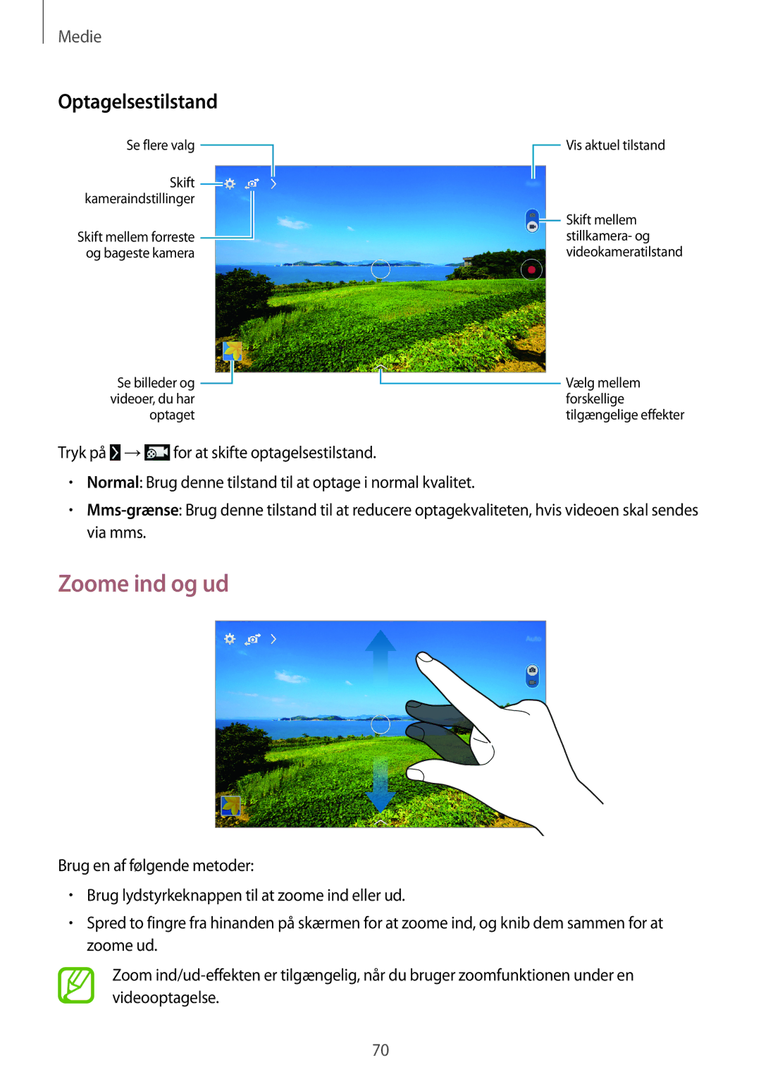 Samsung SM-T365NNGANEE manual Zoome ind og ud, Optagelsestilstand 
