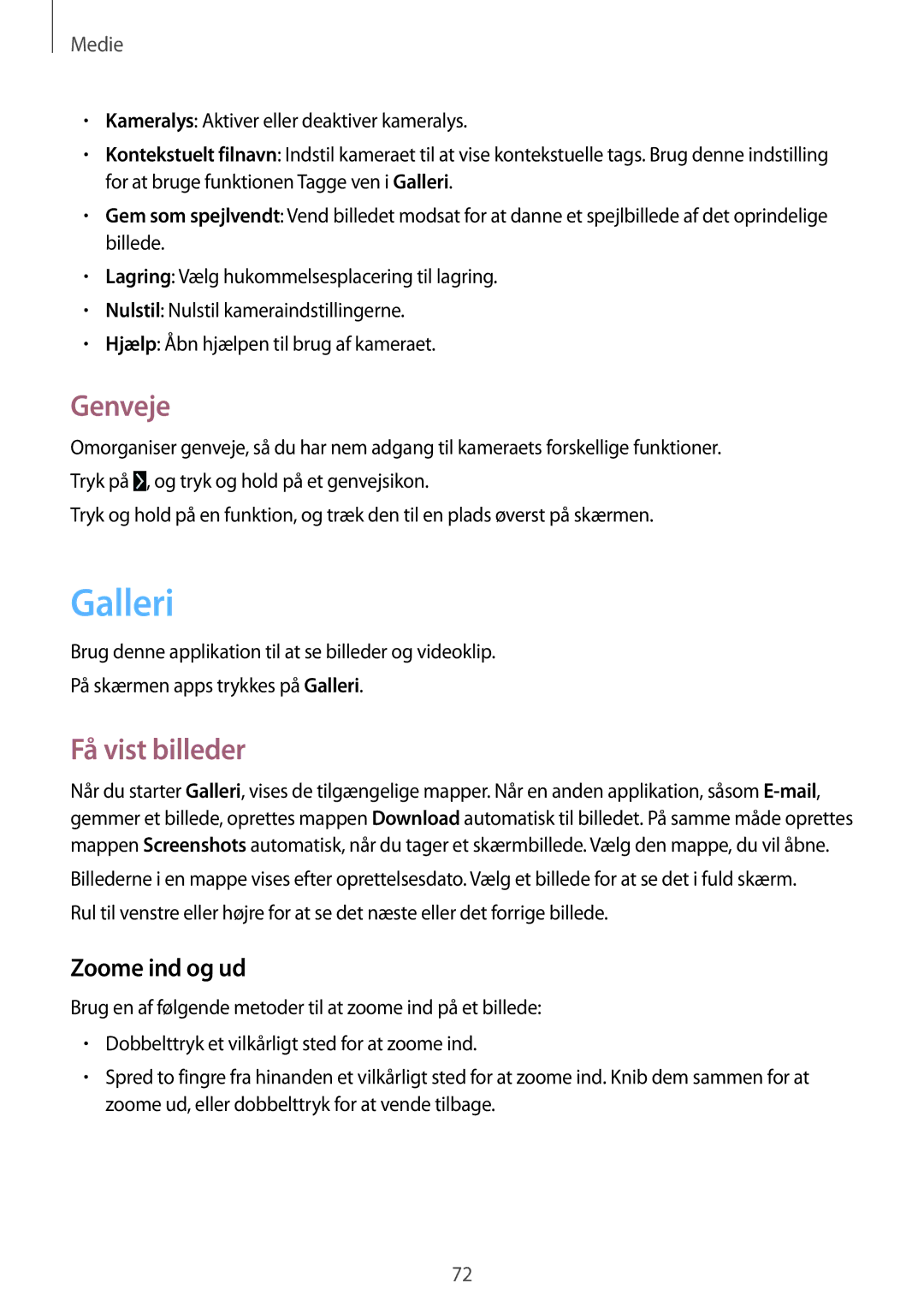 Samsung SM-T365NNGANEE manual Galleri, Genveje, Få vist billeder, Zoome ind og ud 