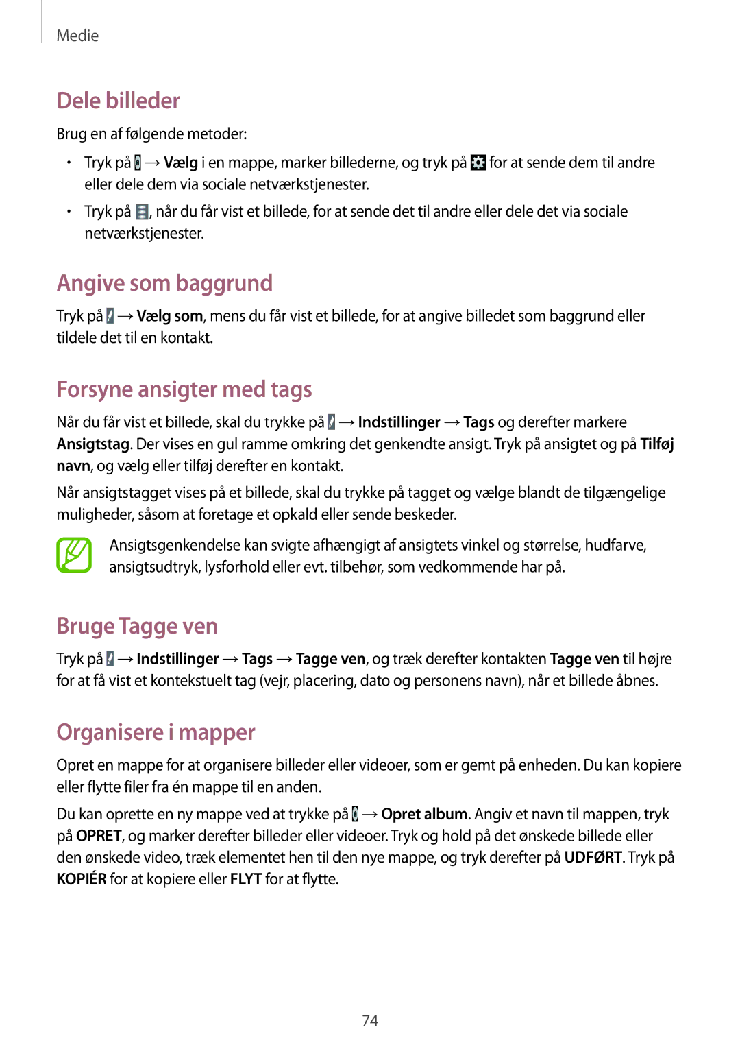 Samsung SM-T365NNGANEE manual Dele billeder, Angive som baggrund, Forsyne ansigter med tags, Bruge Tagge ven 