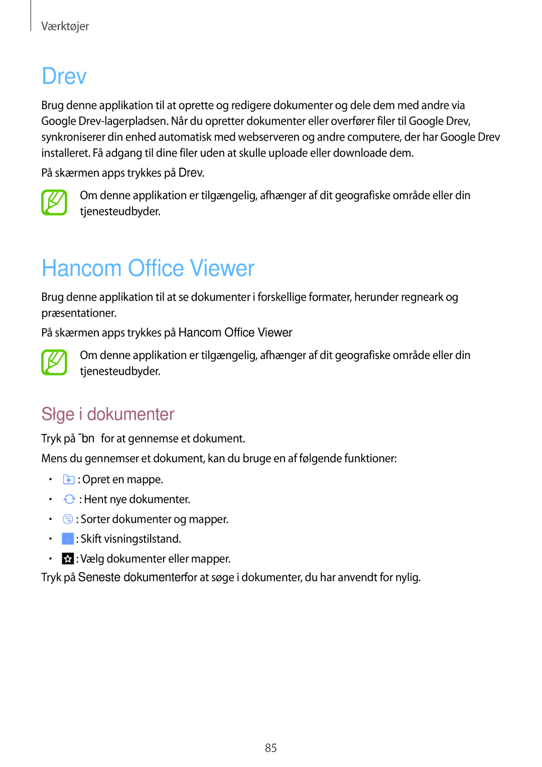 Samsung SM-T365NNGANEE manual Drev, Hancom Office Viewer, Søge i dokumenter 