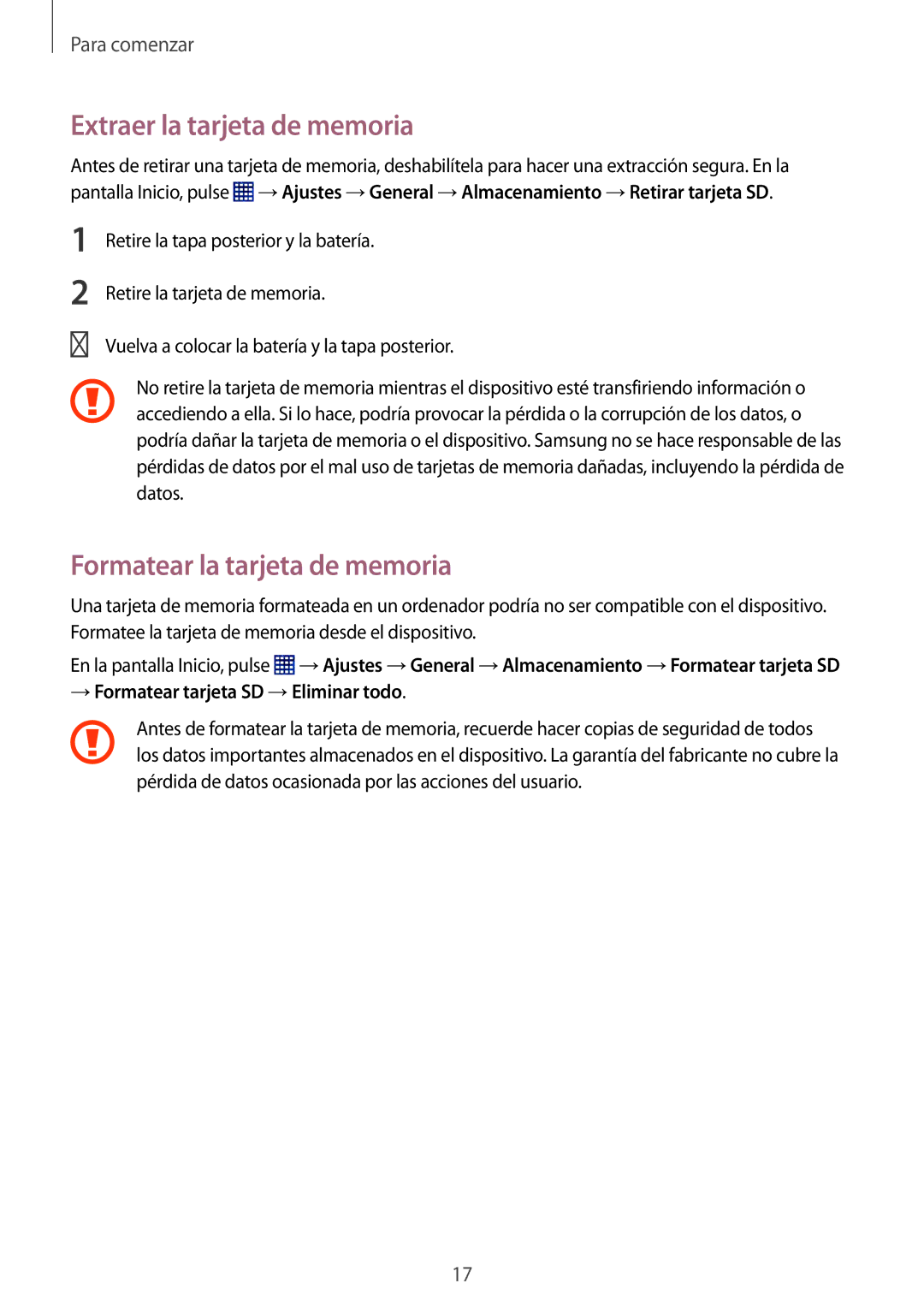 Samsung SM-T365NNGATPH, SM-T365NNGAPHE manual Extraer la tarjeta de memoria, Formatear la tarjeta de memoria 