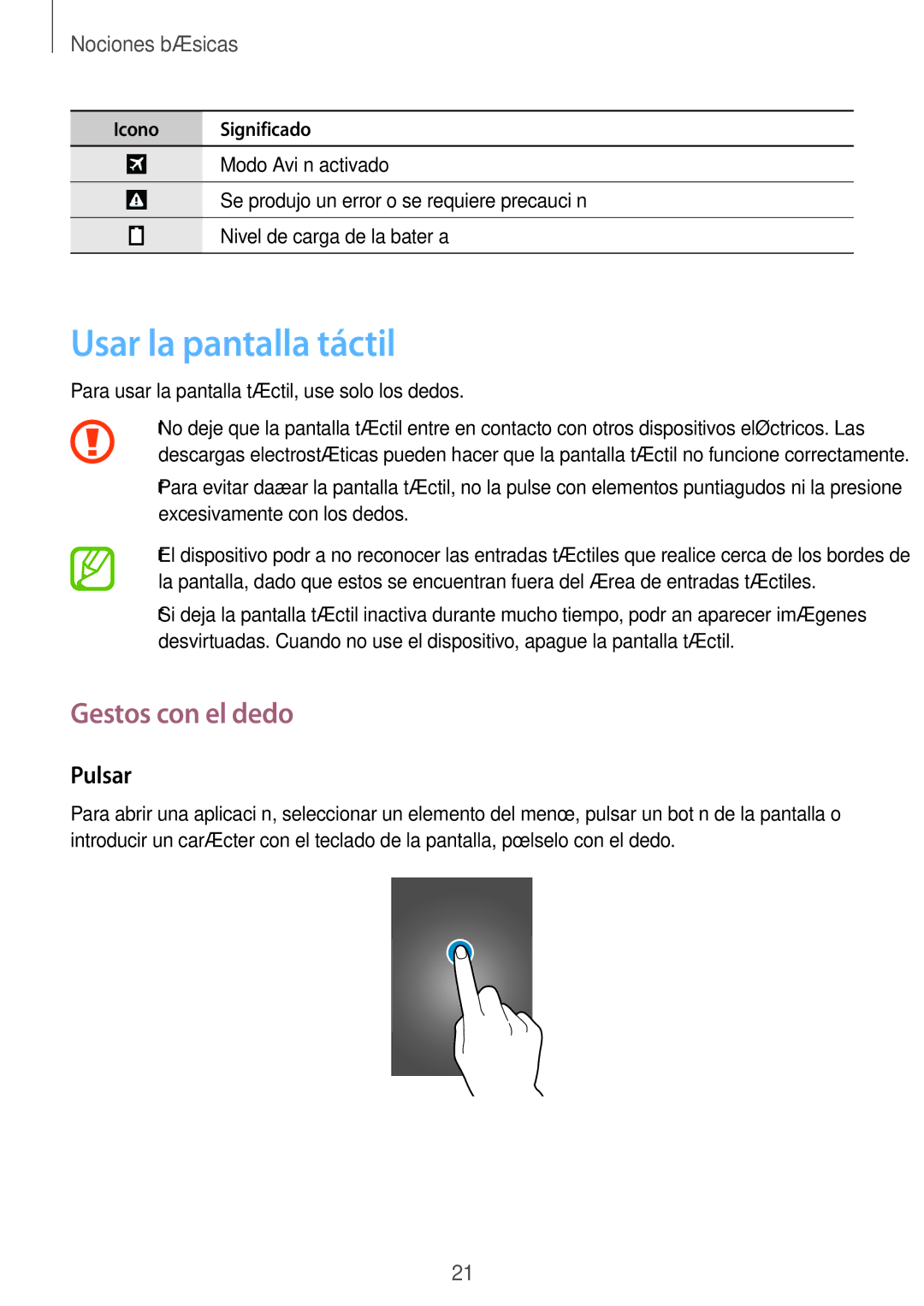 Samsung SM-T365NNGATPH, SM-T365NNGAPHE manual Usar la pantalla táctil, Gestos con el dedo, Pulsar 