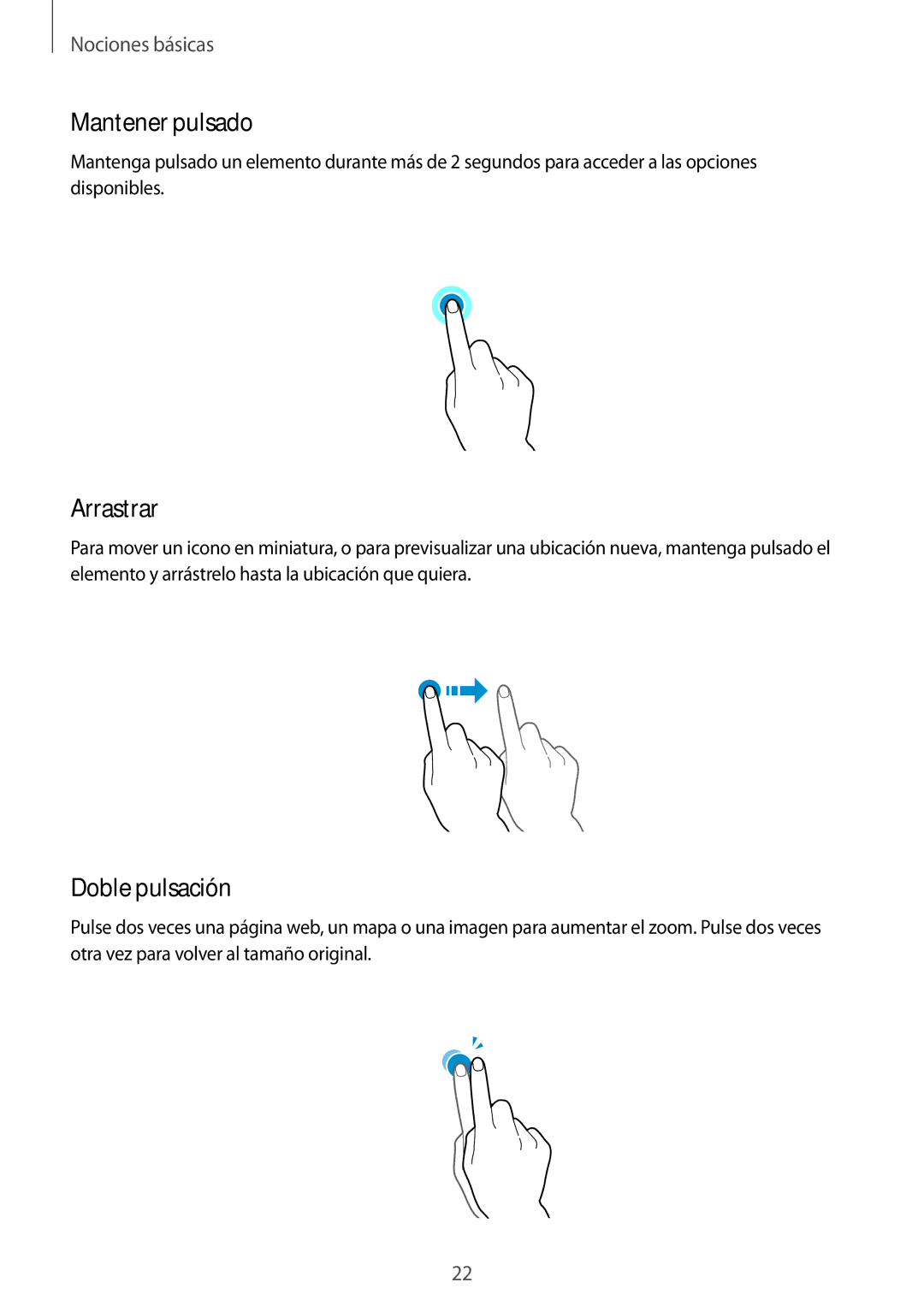 Samsung SM-T365NNGAPHE, SM-T365NNGATPH manual Mantener pulsado, Arrastrar, Doble pulsación 