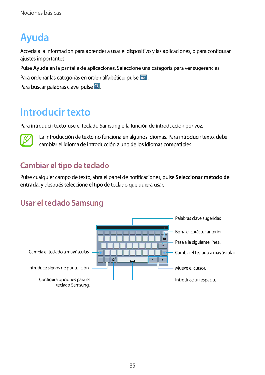 Samsung SM-T365NNGATPH, SM-T365NNGAPHE manual Ayuda, Introducir texto, Cambiar el tipo de teclado, Usar el teclado Samsung 