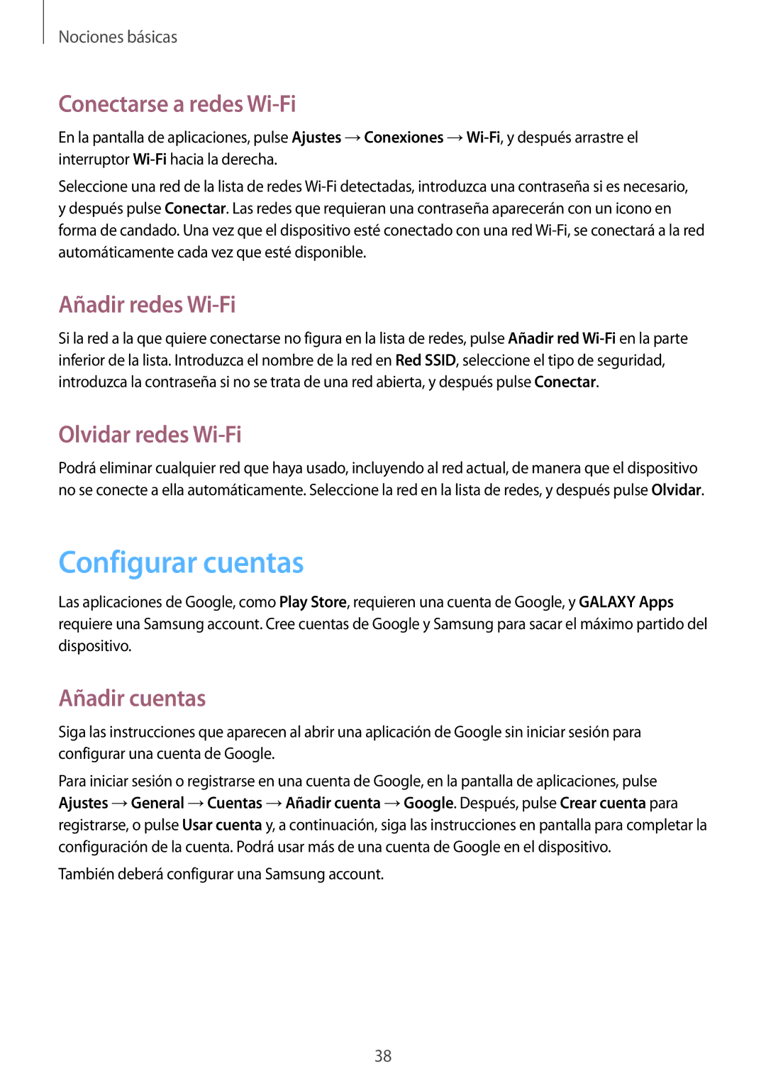 Samsung SM-T365NNGAPHE manual Configurar cuentas, Conectarse a redes Wi-Fi, Añadir redes Wi-Fi, Olvidar redes Wi-Fi 