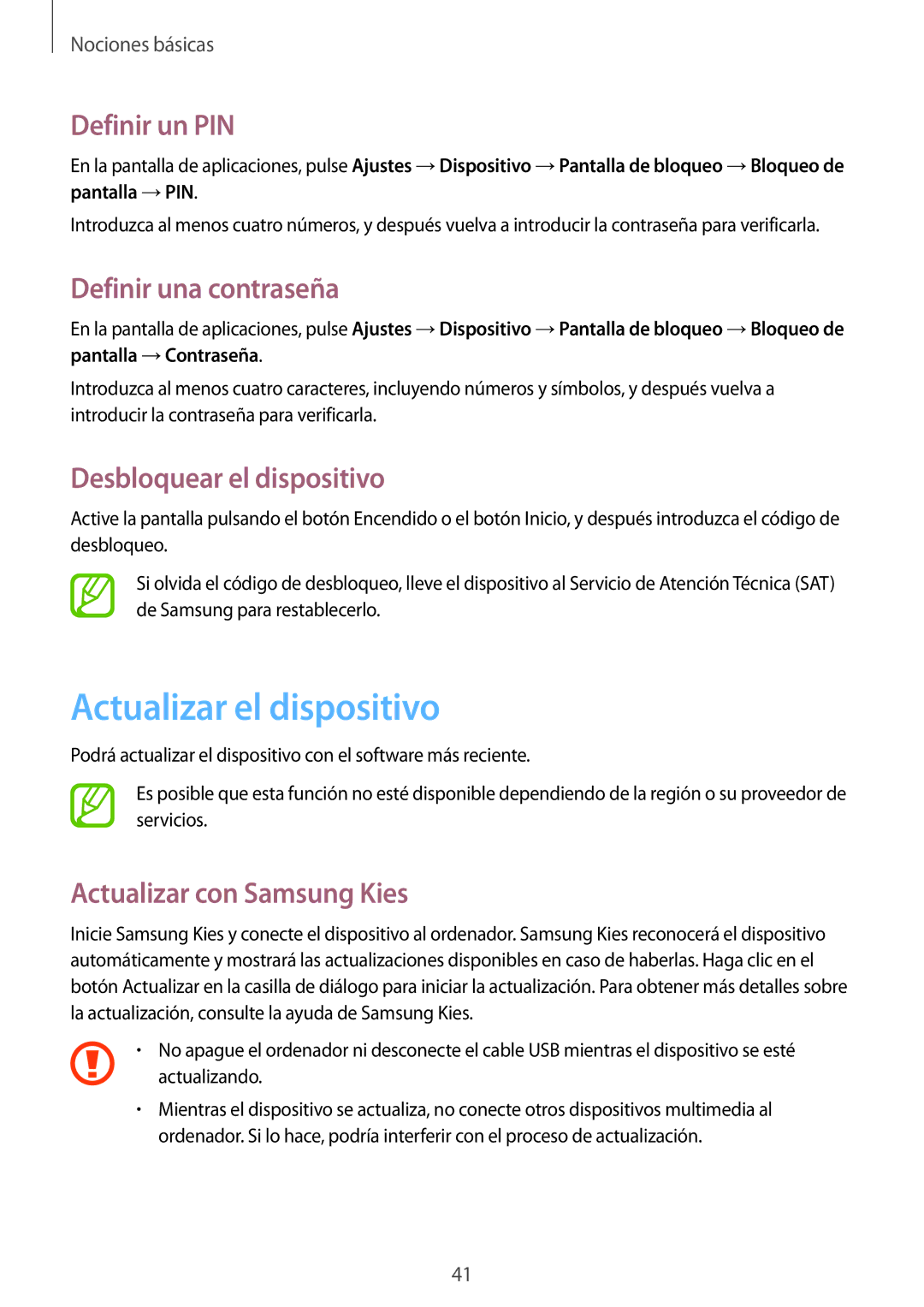 Samsung SM-T365NNGATPH manual Actualizar el dispositivo, Definir un PIN, Definir una contraseña, Desbloquear el dispositivo 