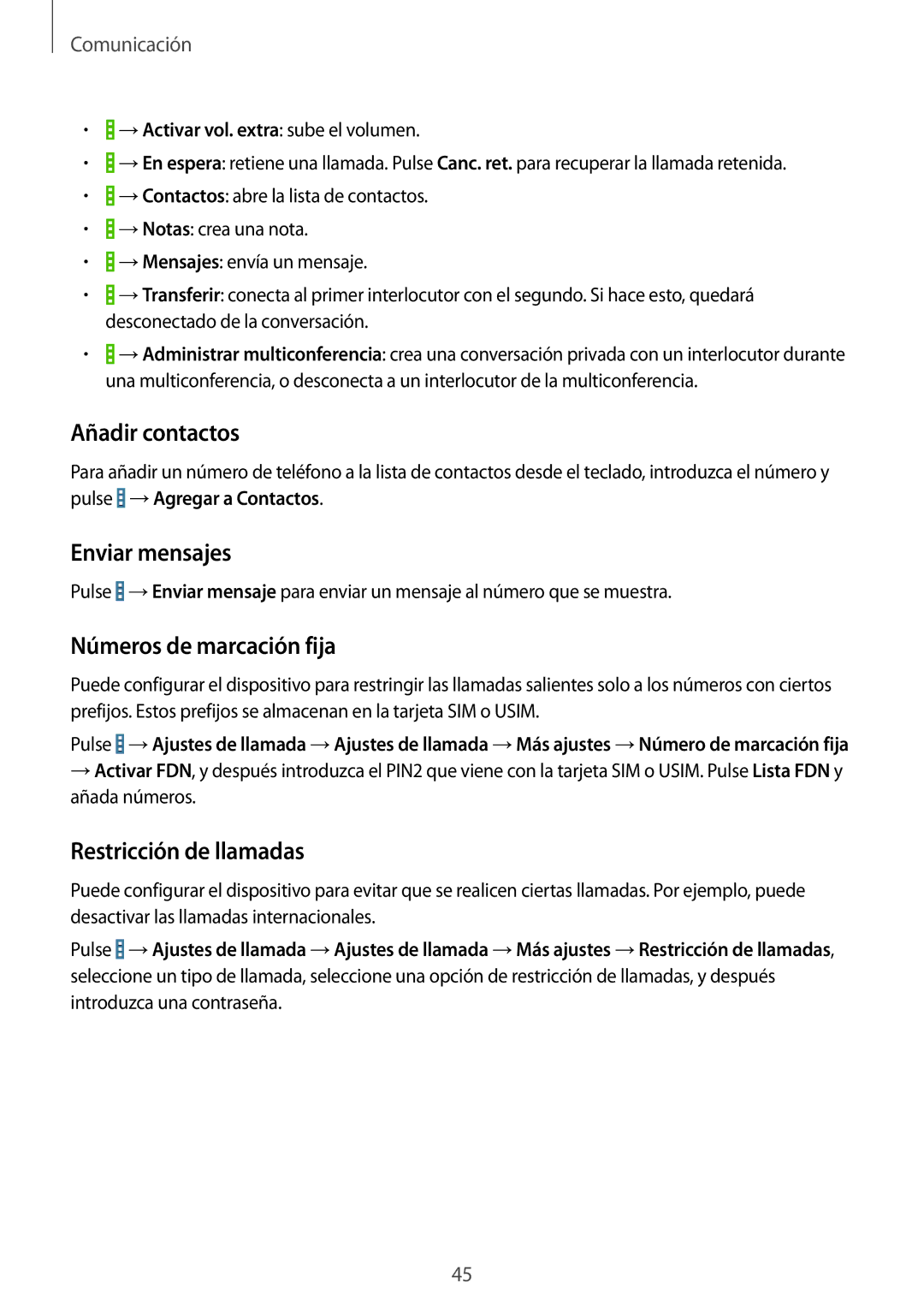 Samsung SM-T365NNGATPH manual Añadir contactos, Enviar mensajes, Números de marcación fija, Restricción de llamadas 