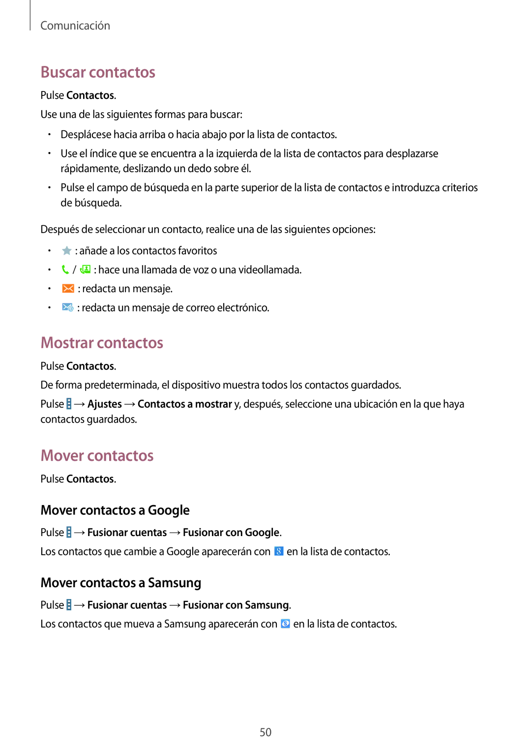 Samsung SM-T365NNGAPHE manual Buscar contactos, Mostrar contactos, Mover contactos a Google, Mover contactos a Samsung 