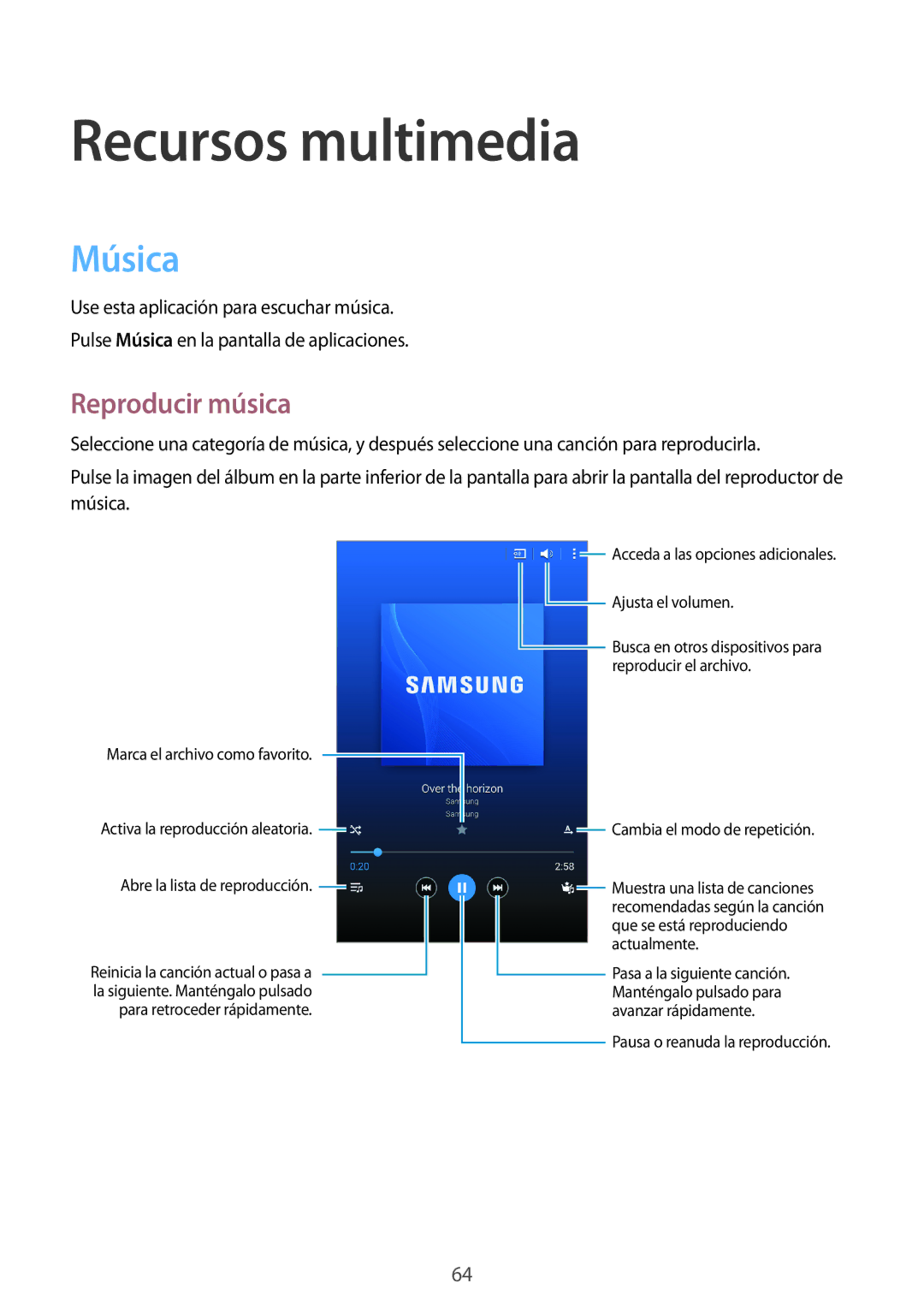 Samsung SM-T365NNGAPHE, SM-T365NNGATPH manual Recursos multimedia, Música, Reproducir música 