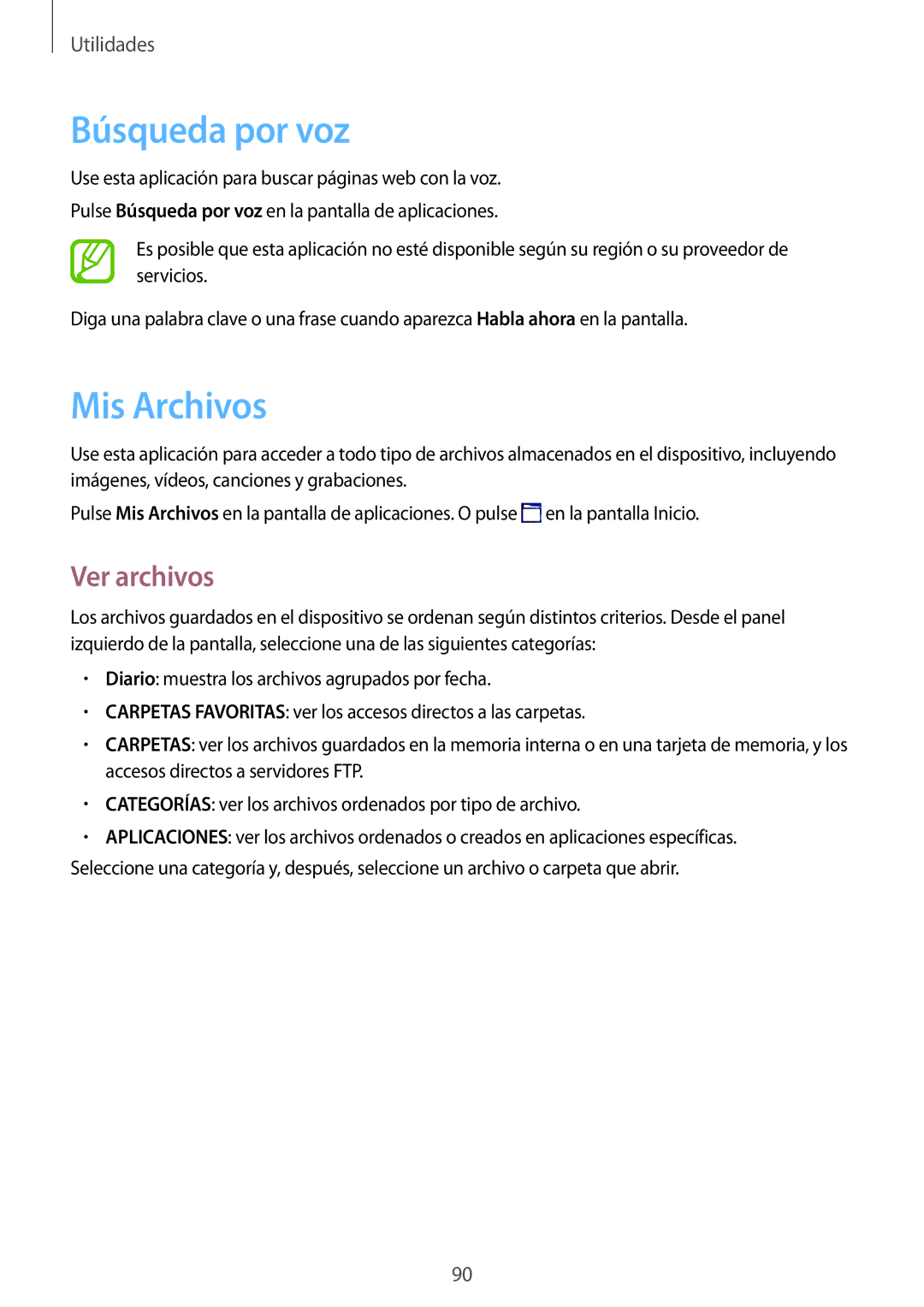 Samsung SM-T365NNGAPHE, SM-T365NNGATPH manual Búsqueda por voz, Mis Archivos, Ver archivos 