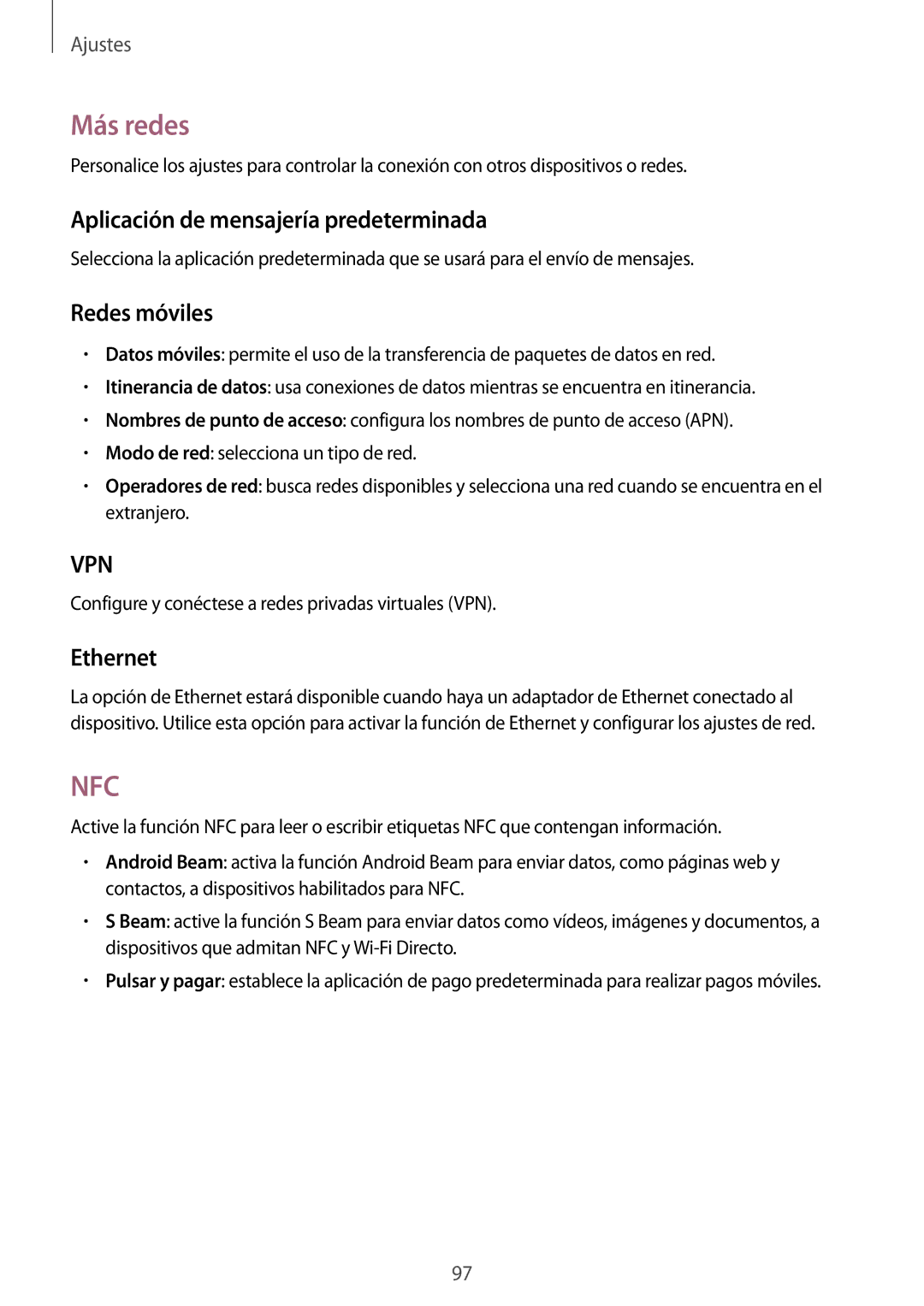 Samsung SM-T365NNGATPH, SM-T365NNGAPHE manual Más redes, Aplicación de mensajería predeterminada, Redes móviles, Ethernet 