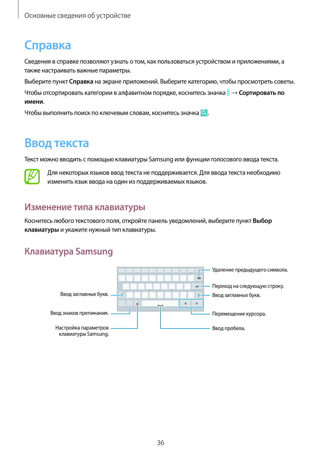 Samsung SM-T365NNGASEB, SM-T365NNGASER manual Справка, Ввод текста, Изменение типа клавиатуры, Клавиатура Samsung 