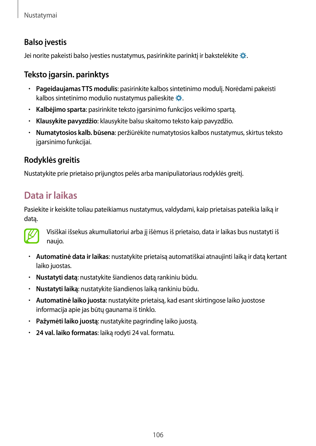 Samsung SM-T365NNGASEB manual Data ir laikas, Balso įvestis, Teksto įgarsin. parinktys, Rodyklės greitis 