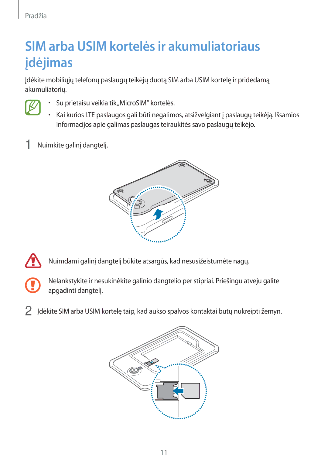 Samsung SM-T365NNGASEB manual SIM arba Usim kortelės ir akumuliatoriaus įdėjimas 