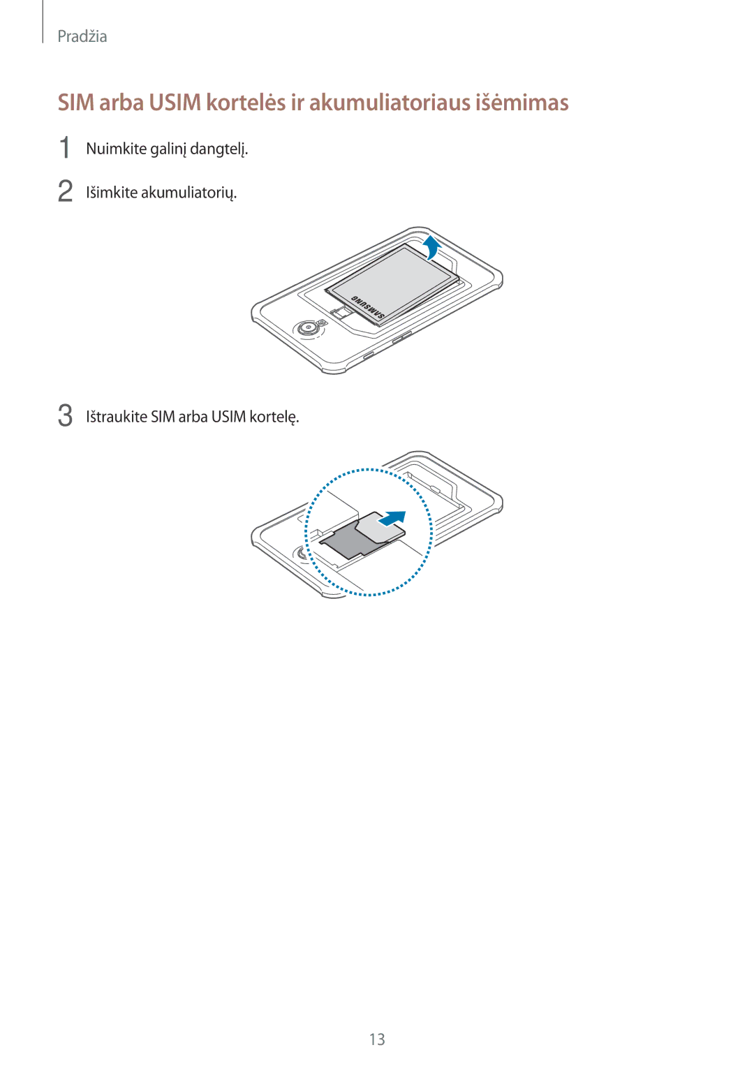 Samsung SM-T365NNGASEB manual SIM arba Usim kortelės ir akumuliatoriaus išėmimas 