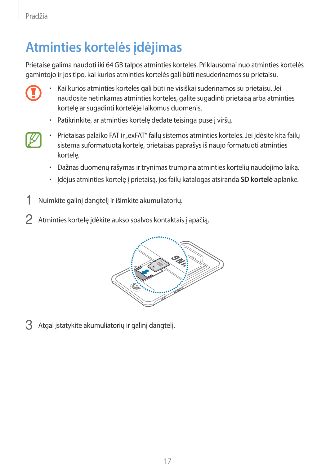 Samsung SM-T365NNGASEB manual Atminties kortelės įdėjimas 