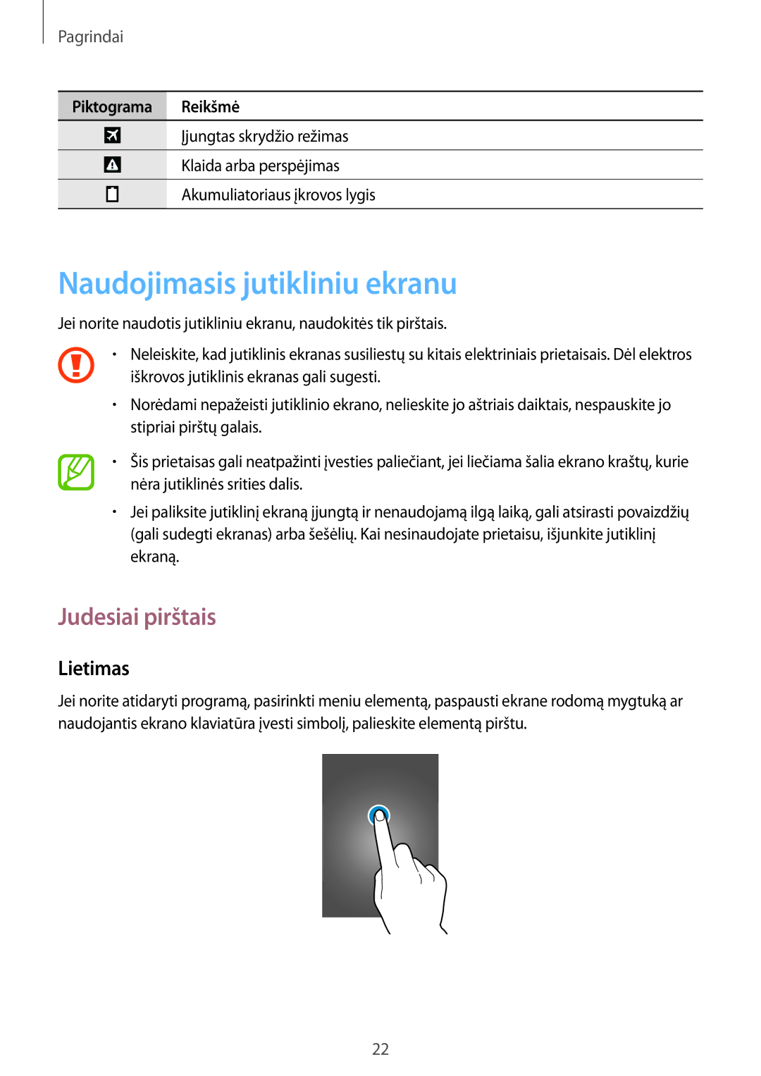 Samsung SM-T365NNGASEB manual Naudojimasis jutikliniu ekranu, Judesiai pirštais, Lietimas 