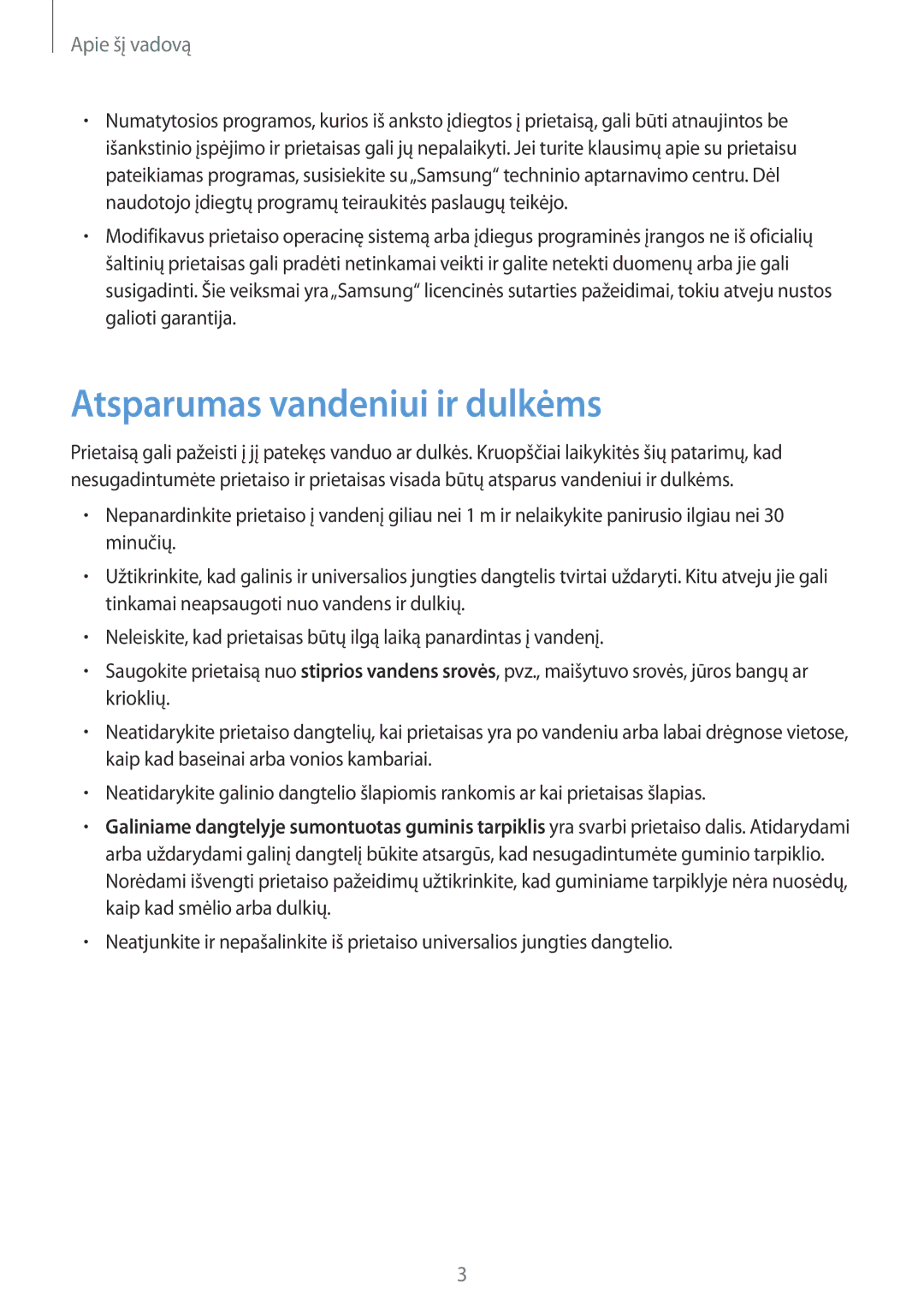 Samsung SM-T365NNGASEB manual Atsparumas vandeniui ir dulkėms, Apie šį vadovą 