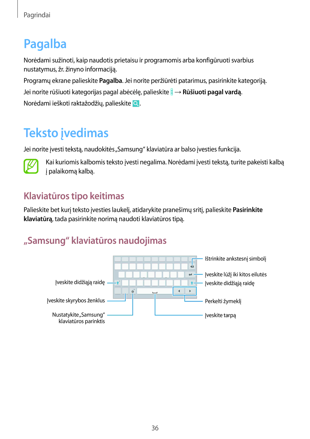 Samsung SM-T365NNGASEB manual Pagalba, Teksto įvedimas, Klaviatūros tipo keitimas, „Samsung klaviatūros naudojimas 