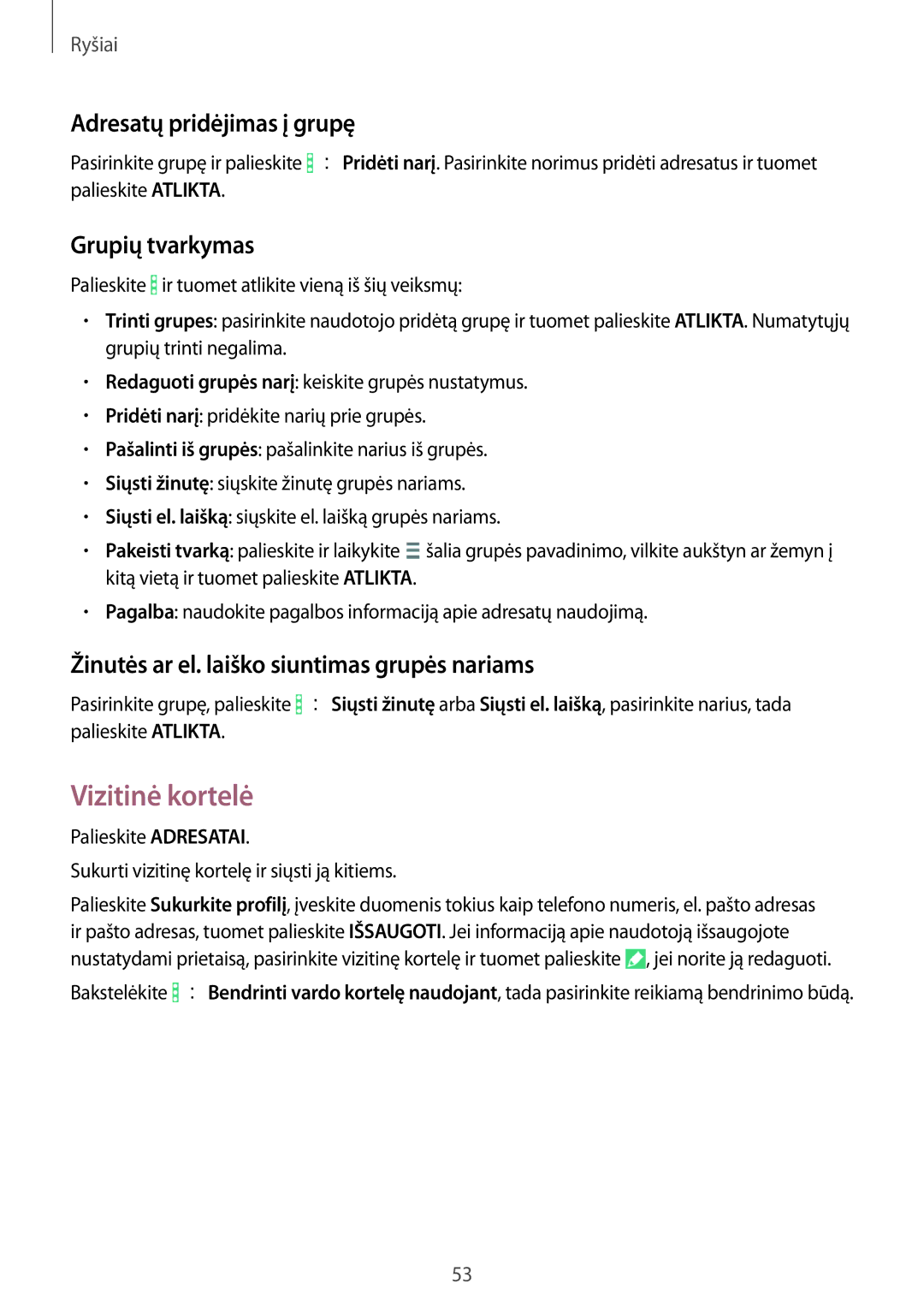 Samsung SM-T365NNGASEB manual Vizitinė kortelė, Adresatų pridėjimas į grupę, Grupių tvarkymas 