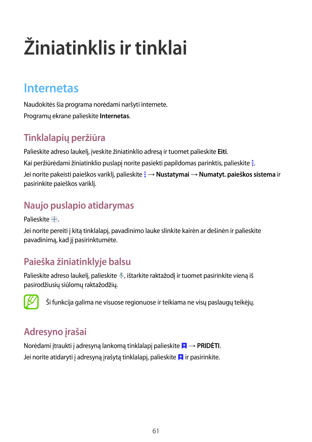 Samsung SM-T365NNGASEB manual Žiniatinklis ir tinklai, Internetas 