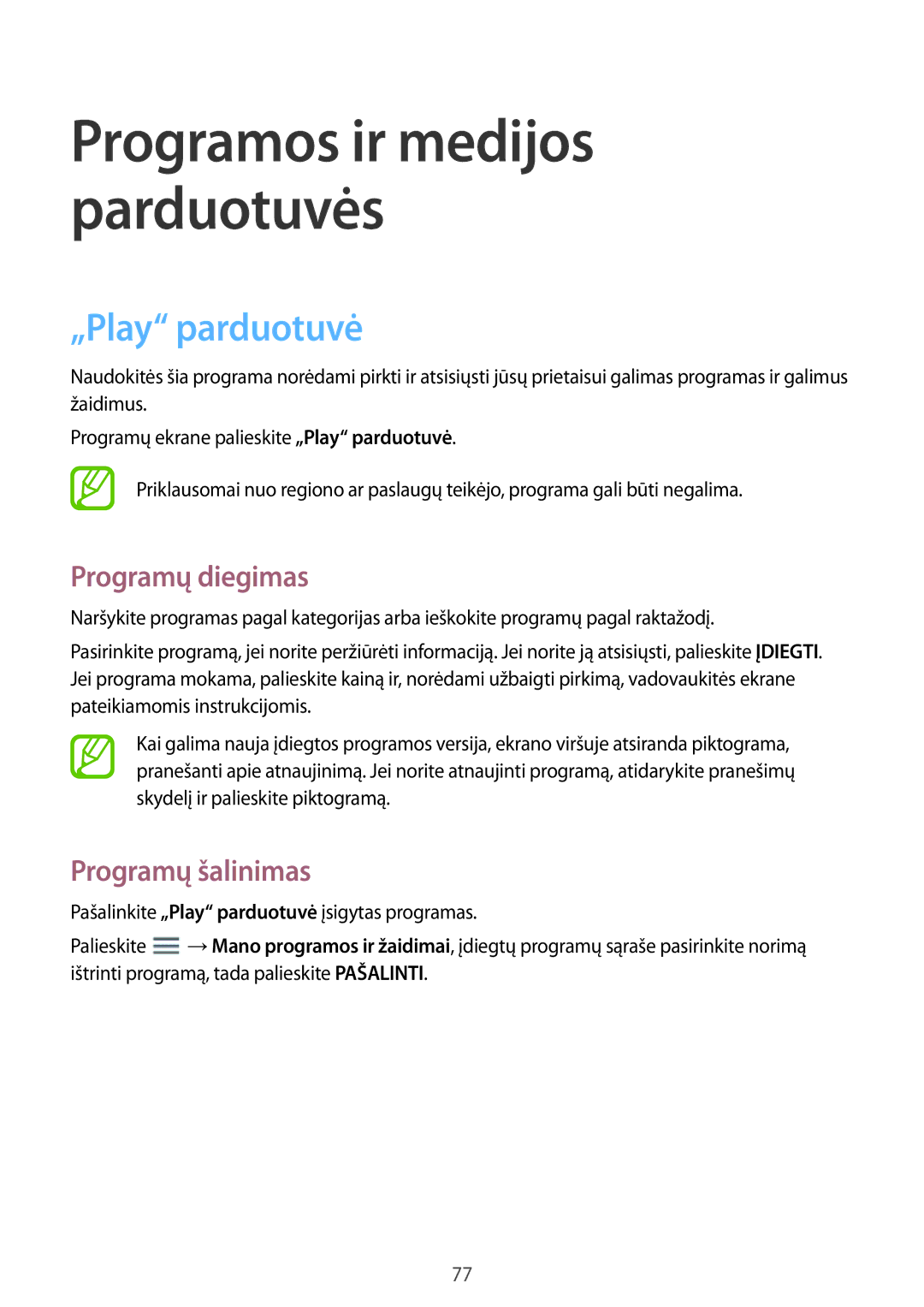 Samsung SM-T365NNGASEB manual Programos ir medijos parduotuvės, „Play parduotuvė 