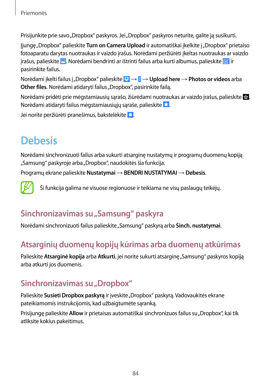 Samsung SM-T365NNGASEB manual Debesis, Sinchronizavimas su„Samsung paskyra, Sinchronizavimas su„Dropbox 