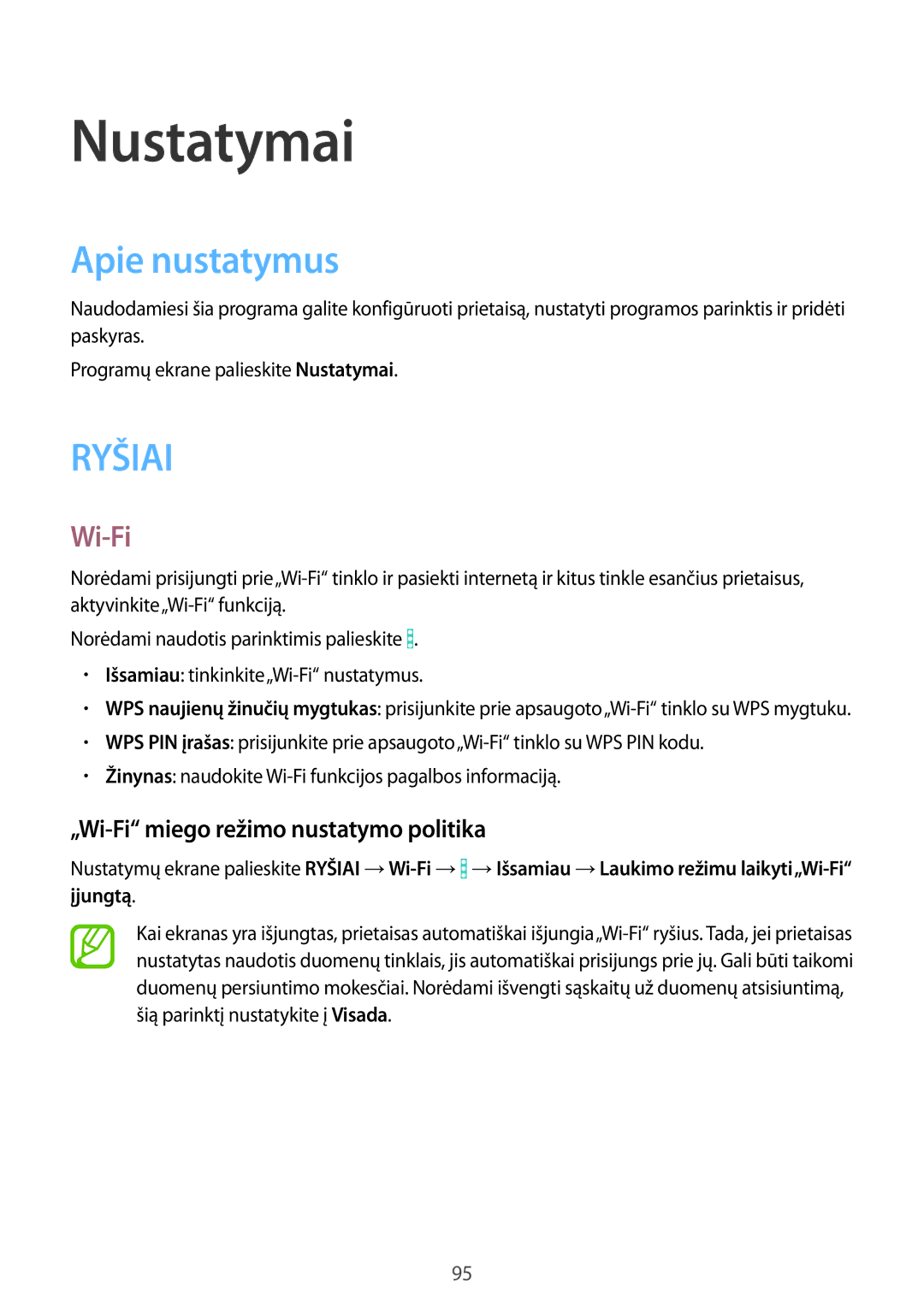 Samsung SM-T365NNGASEB manual Nustatymai, Apie nustatymus, „Wi-Fi miego režimo nustatymo politika 