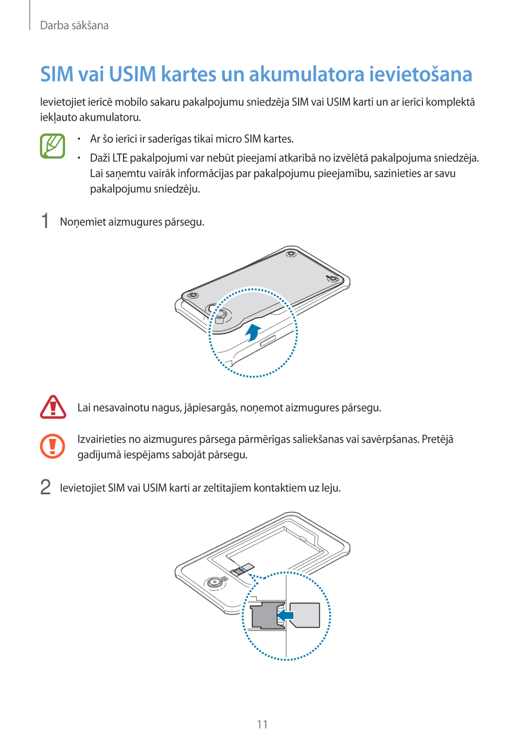 Samsung SM-T365NNGASEB manual SIM vai Usim kartes un akumulatora ievietošana 