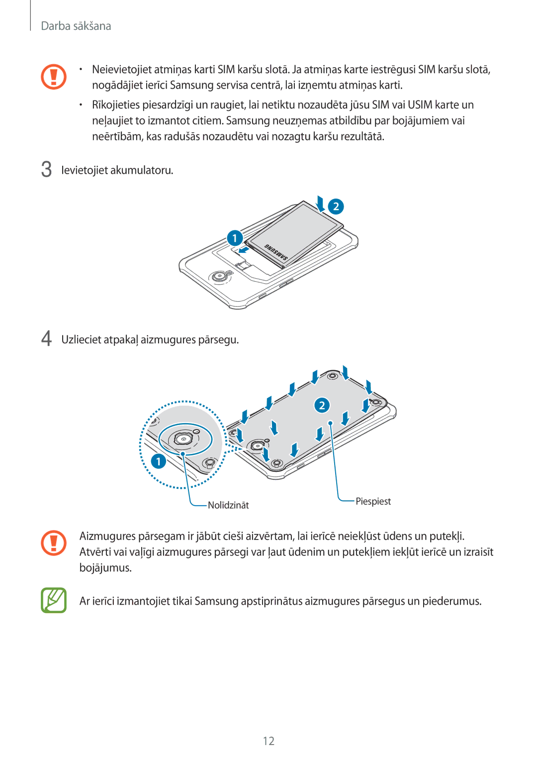 Samsung SM-T365NNGASEB manual Ievietojiet akumulatoru Uzlieciet atpakaļ aizmugures pārsegu 