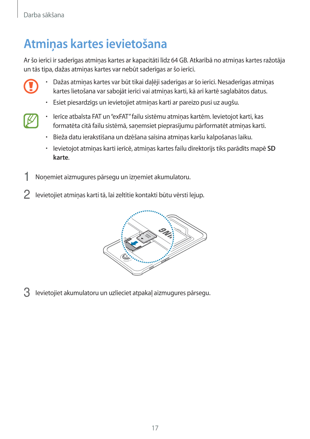 Samsung SM-T365NNGASEB manual Atmiņas kartes ievietošana 