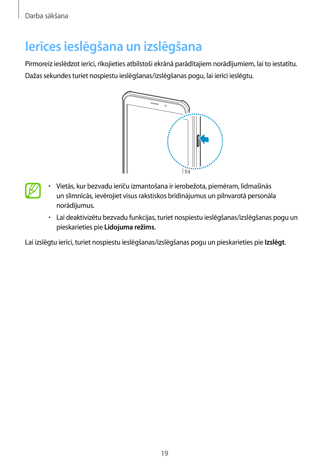 Samsung SM-T365NNGASEB manual Ierīces ieslēgšana un izslēgšana 