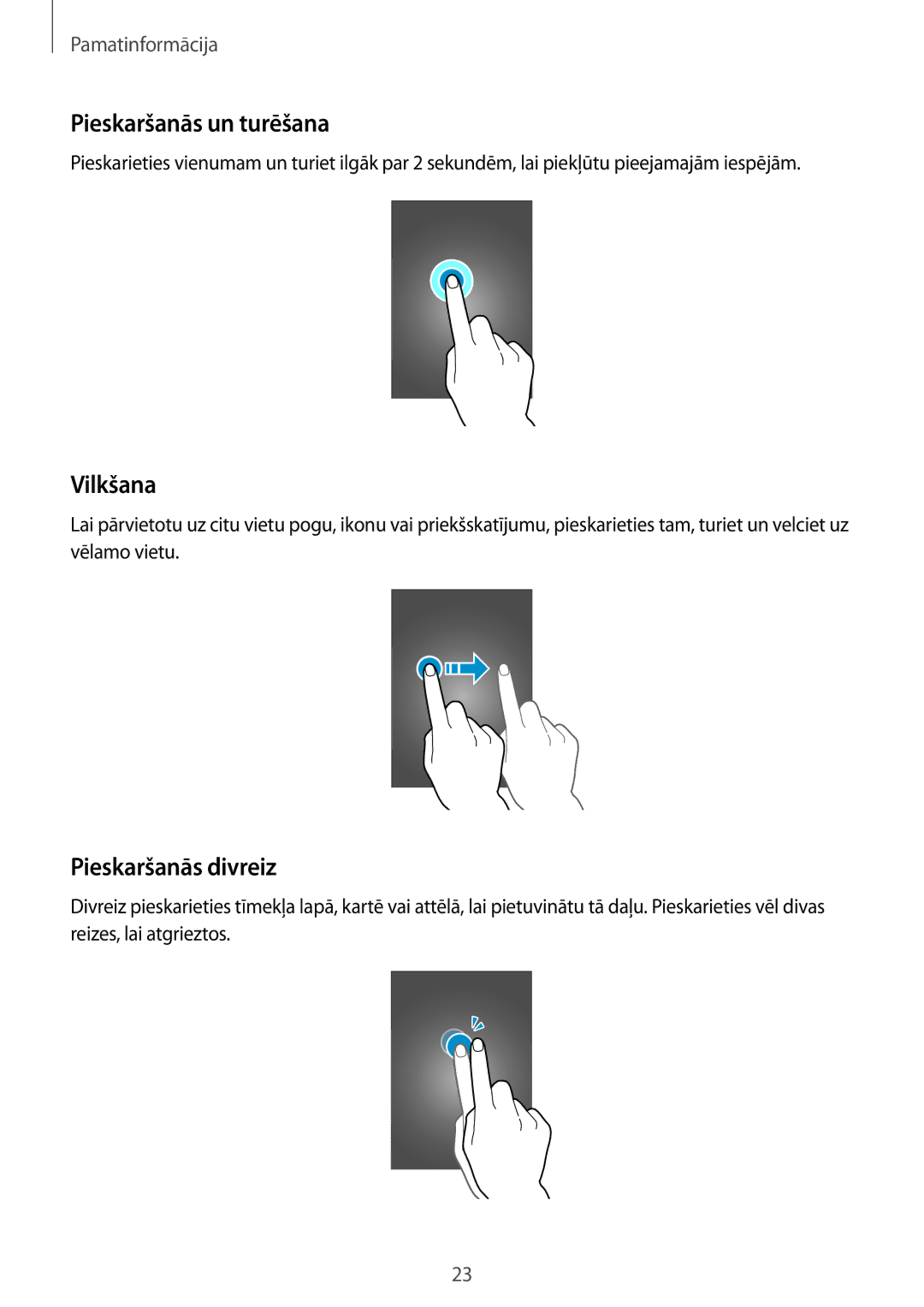 Samsung SM-T365NNGASEB manual Pieskaršanās un turēšana, Vilkšana, Pieskaršanās divreiz 
