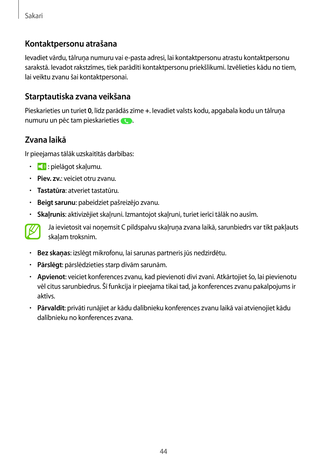 Samsung SM-T365NNGASEB manual Kontaktpersonu atrašana, Starptautiska zvana veikšana, Zvana laikā 