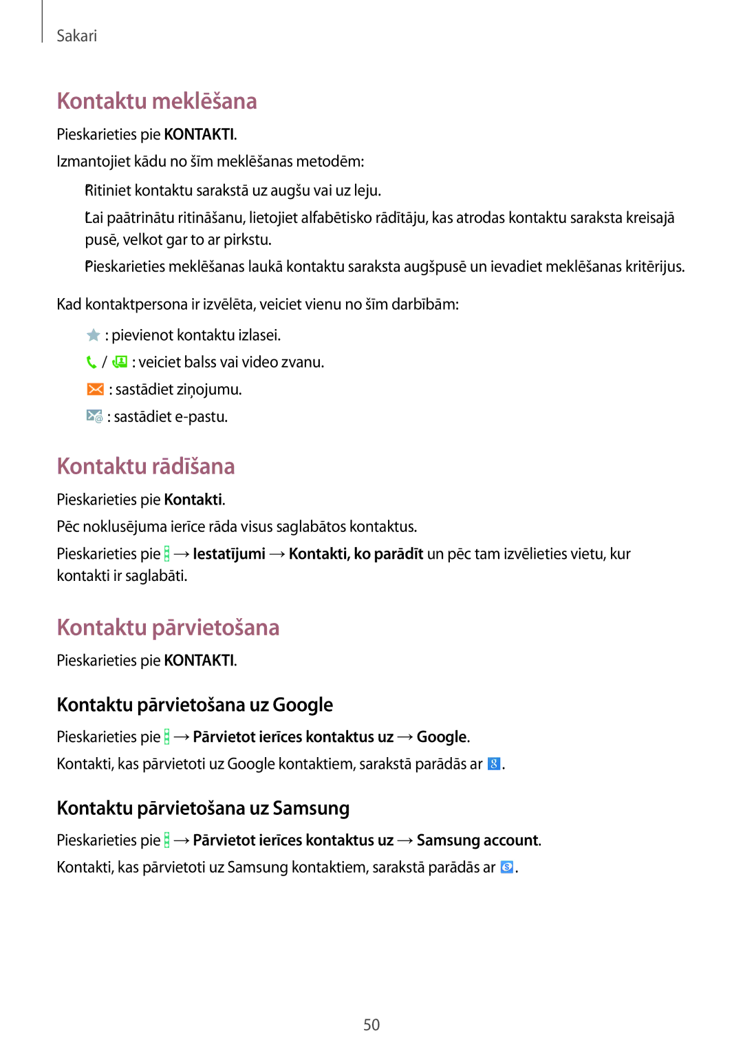 Samsung SM-T365NNGASEB manual Kontaktu meklēšana, Kontaktu rādīšana, Kontaktu pārvietošana uz Google 