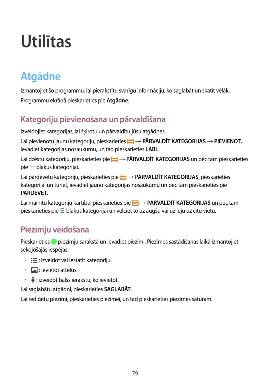 Samsung SM-T365NNGASEB manual Utilītas, Atgādne, Kategoriju pievienošana un pārvaldīšana, Piezīmju veidošana 