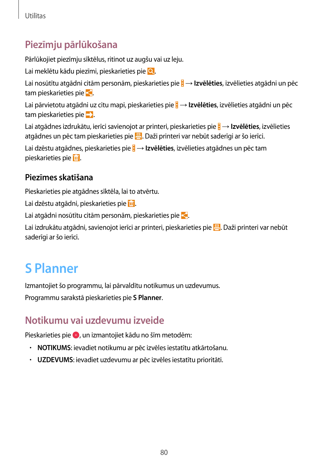 Samsung SM-T365NNGASEB manual Planner, Piezīmju pārlūkošana, Notikumu vai uzdevumu izveide, Piezīmes skatīšana 