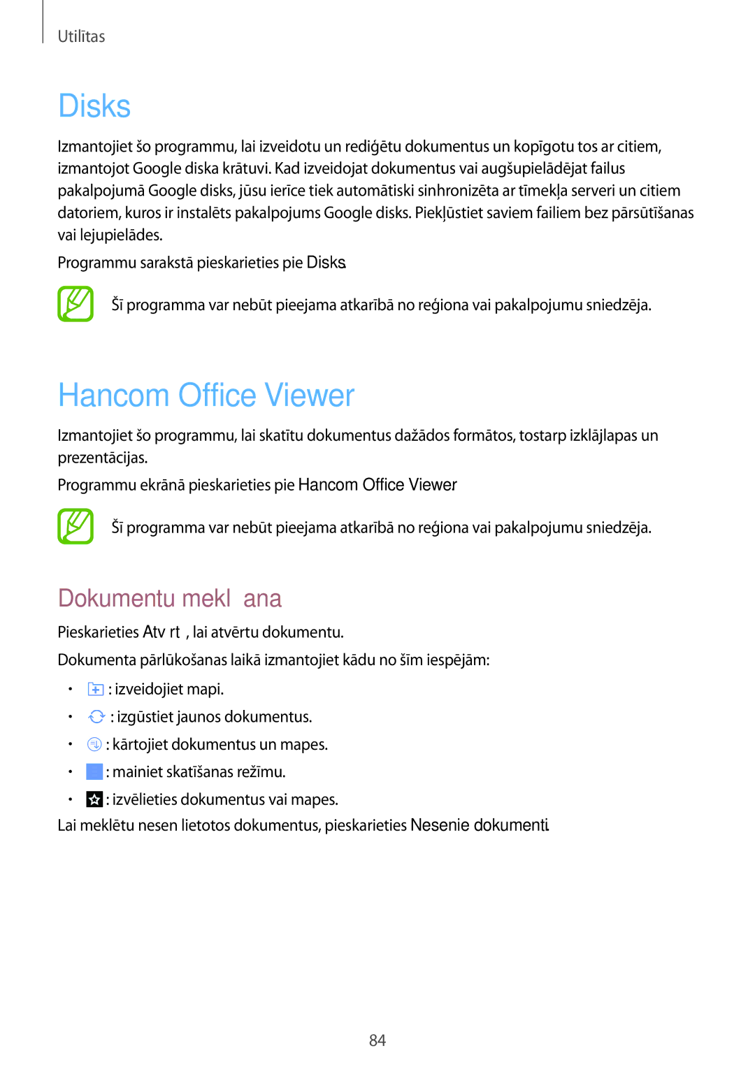 Samsung SM-T365NNGASEB manual Disks, Hancom Office Viewer, Dokumentu meklēšana 