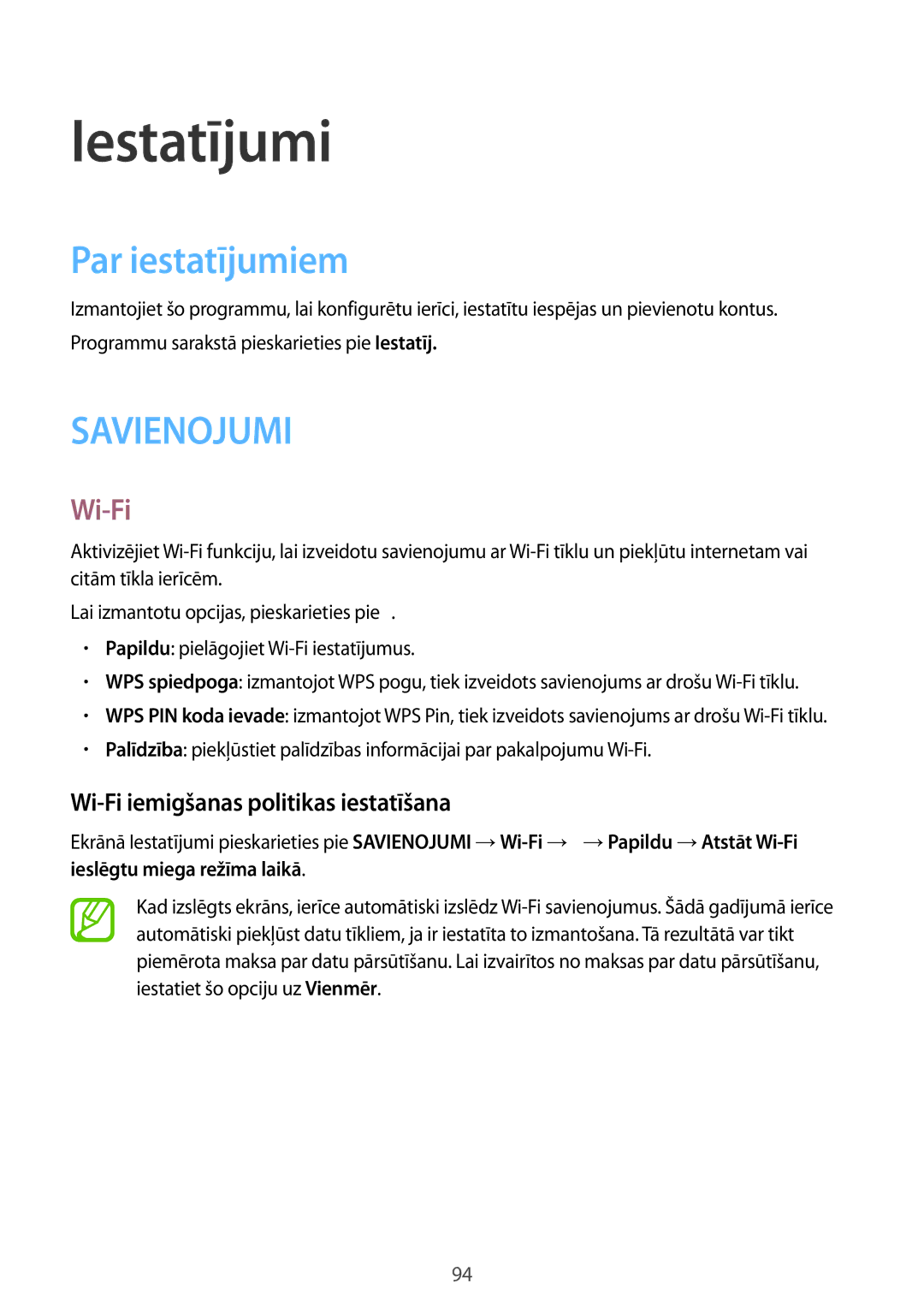 Samsung SM-T365NNGASEB manual Iestatījumi, Par iestatījumiem, Wi-Fi iemigšanas politikas iestatīšana 