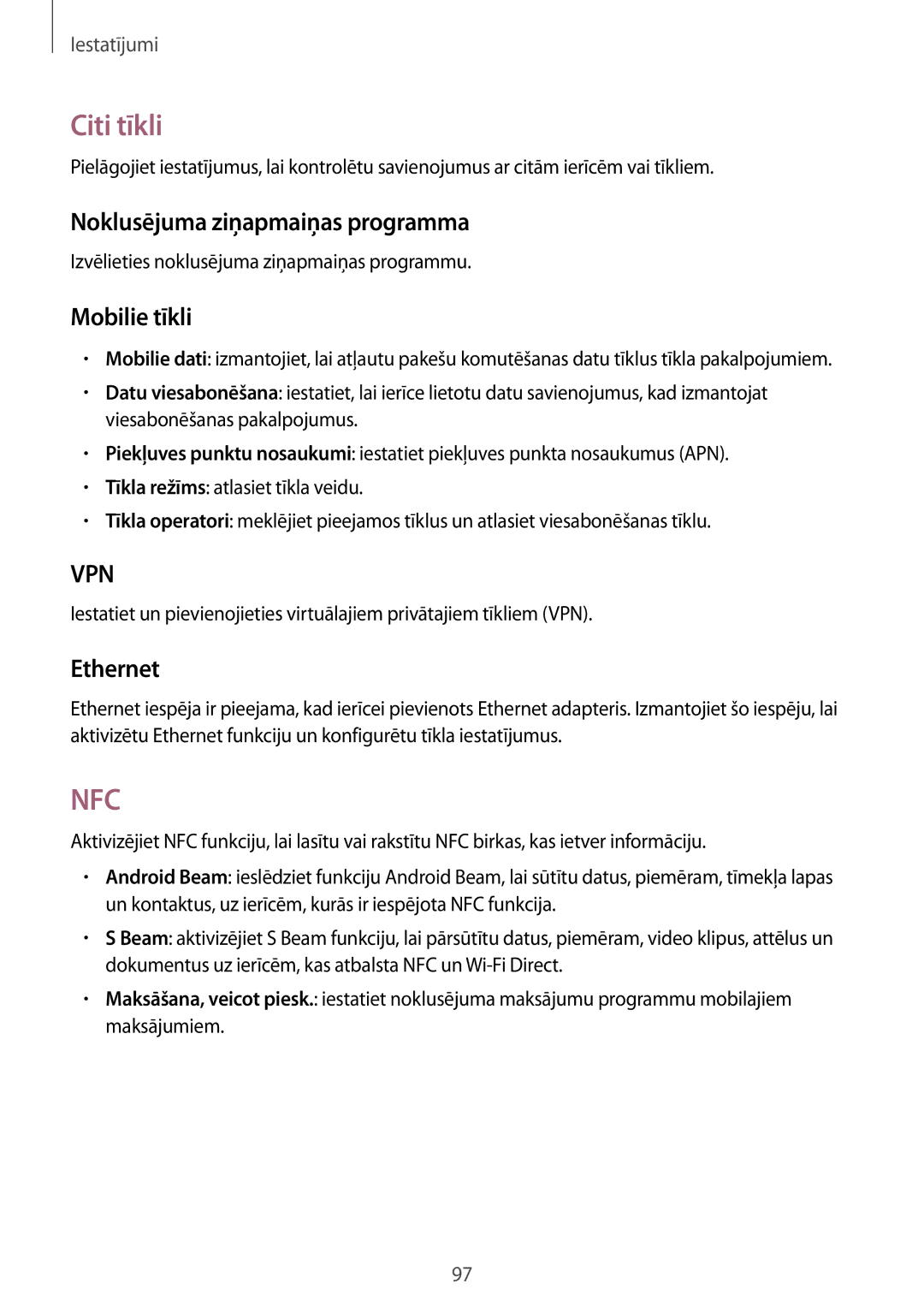 Samsung SM-T365NNGASEB manual Citi tīkli, Noklusējuma ziņapmaiņas programma, Mobilie tīkli, Ethernet 