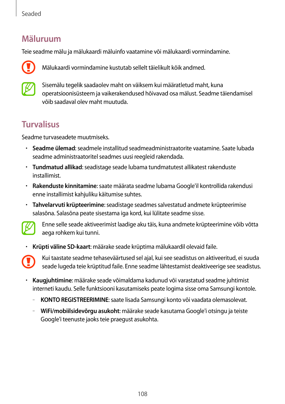 Samsung SM-T365NNGASEB manual Mäluruum, Turvalisus 