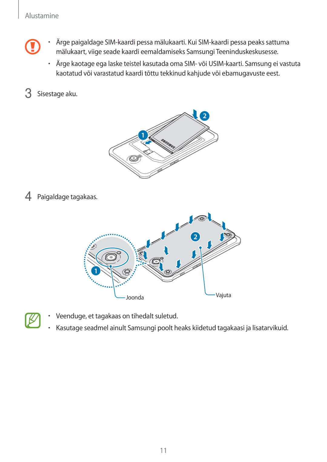 Samsung SM-T365NNGASEB manual Sisestage aku Paigaldage tagakaas 