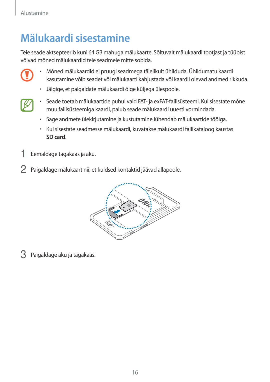 Samsung SM-T365NNGASEB manual Mälukaardi sisestamine 