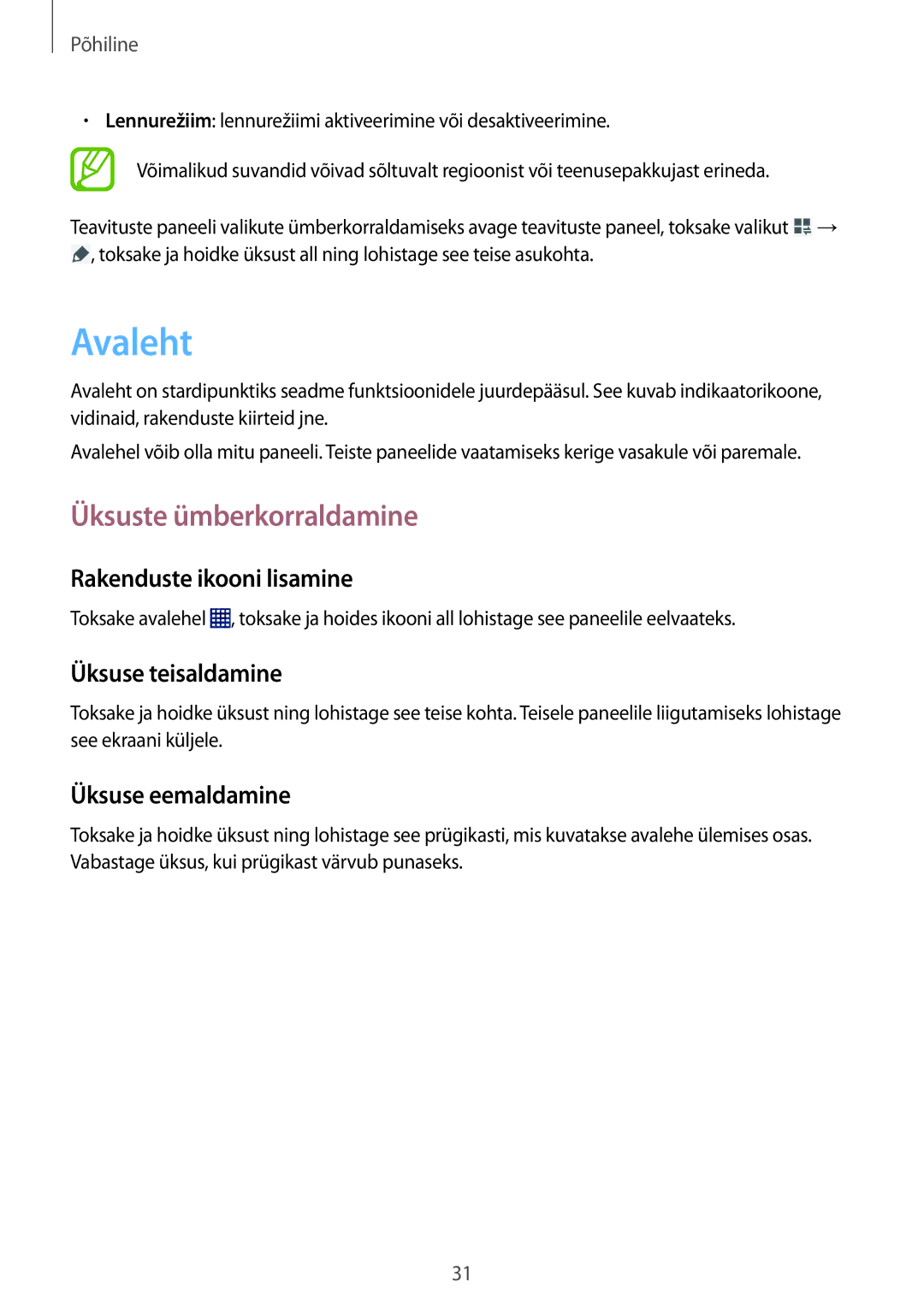 Samsung SM-T365NNGASEB manual Avaleht, Üksuste ümberkorraldamine, Rakenduste ikooni lisamine, Üksuse teisaldamine 