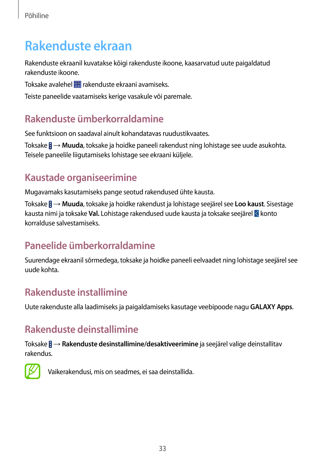 Samsung SM-T365NNGASEB Rakenduste ekraan, Rakenduste ümberkorraldamine, Kaustade organiseerimine, Rakenduste installimine 