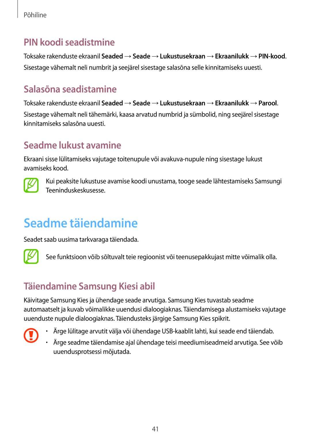 Samsung SM-T365NNGASEB manual Seadme täiendamine, PIN koodi seadistmine, Salasõna seadistamine, Seadme lukust avamine 