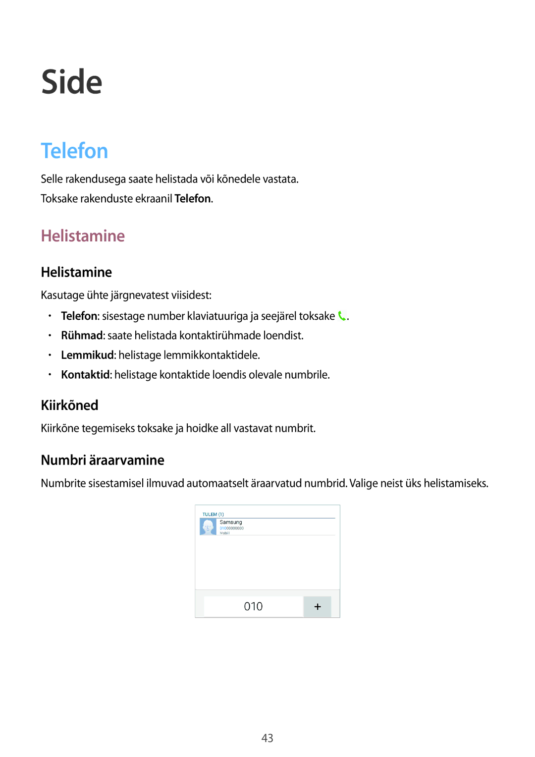 Samsung SM-T365NNGASEB manual Side, Telefon, Helistamine 