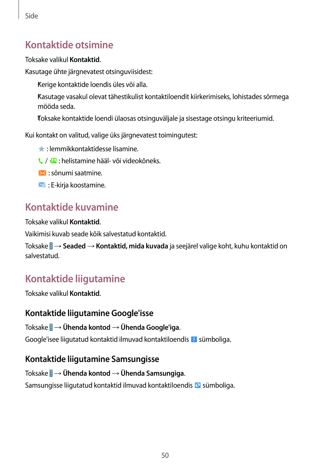 Samsung SM-T365NNGASEB manual Kontaktide otsimine, Kontaktide kuvamine, Kontaktide liigutamine Googleisse 