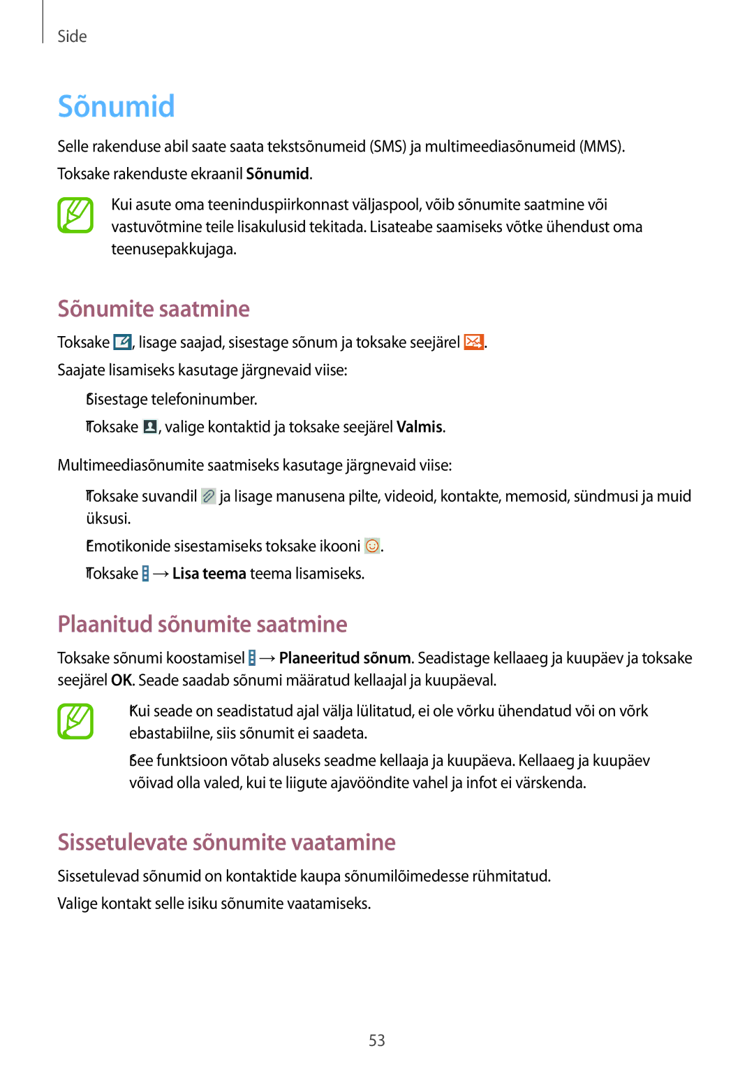 Samsung SM-T365NNGASEB manual Sõnumid, Sõnumite saatmine, Plaanitud sõnumite saatmine, Sissetulevate sõnumite vaatamine 